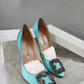 Manolo Blahnik Blue Satin Crystal Buckle Heel Pump