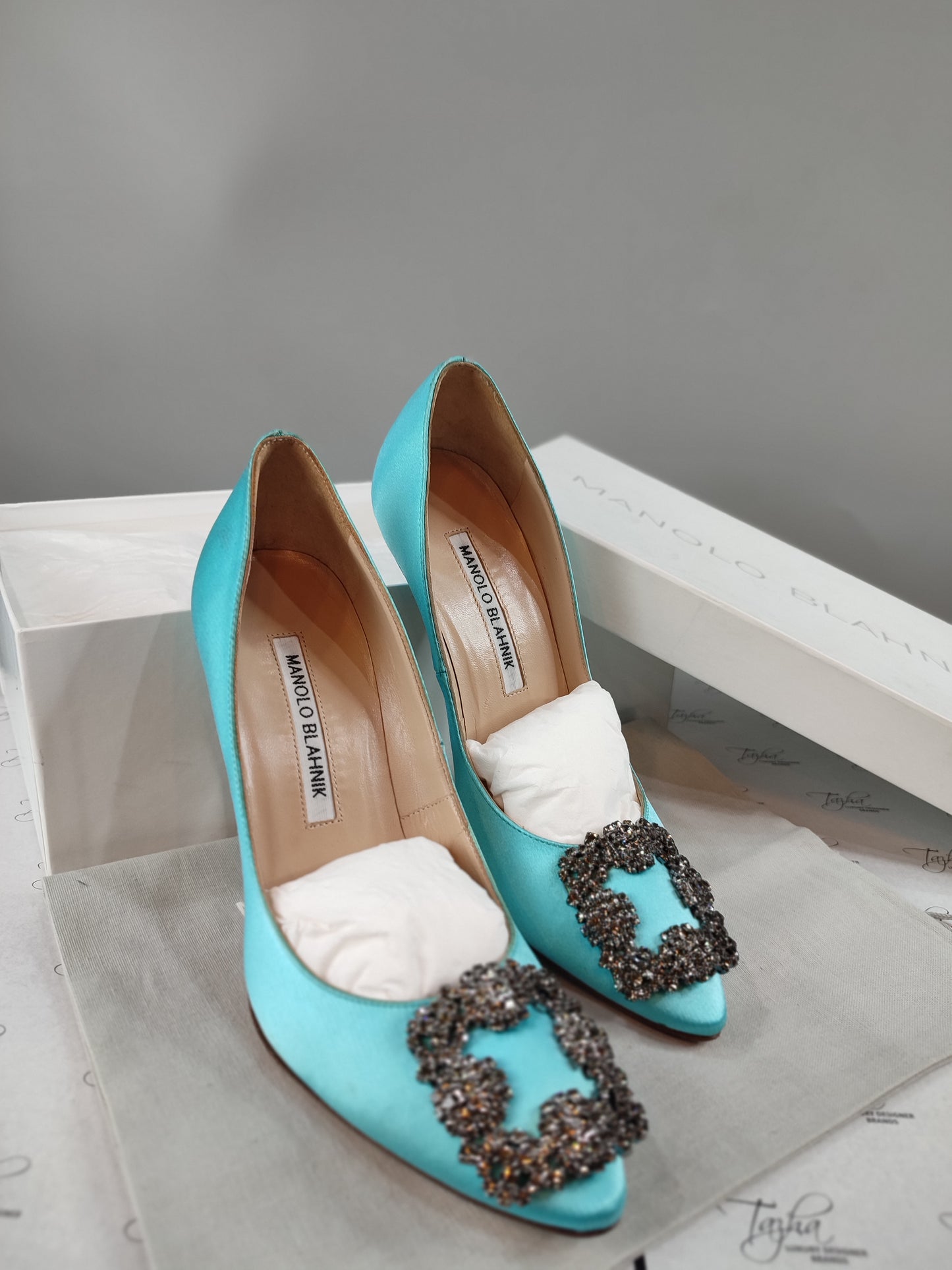 Manolo Blahnik Blue Satin Crystal Buckle Heel Pump