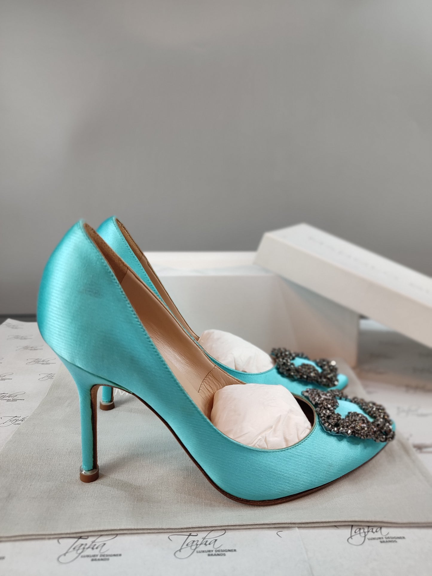 Manolo Blahnik Blue Satin Crystal Buckle Heel Pump