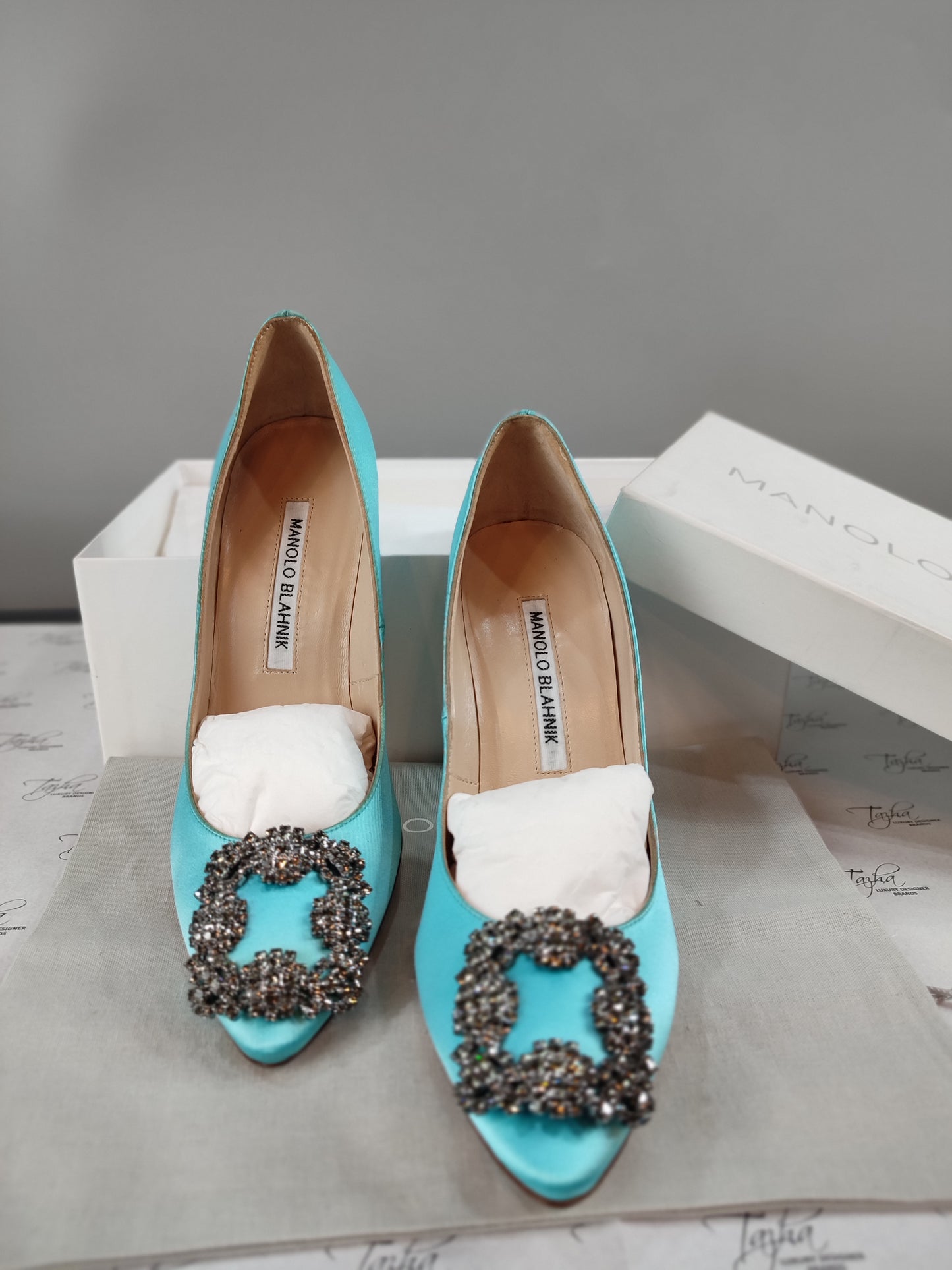 Manolo Blahnik Blue Satin Crystal Buckle Heel Pump