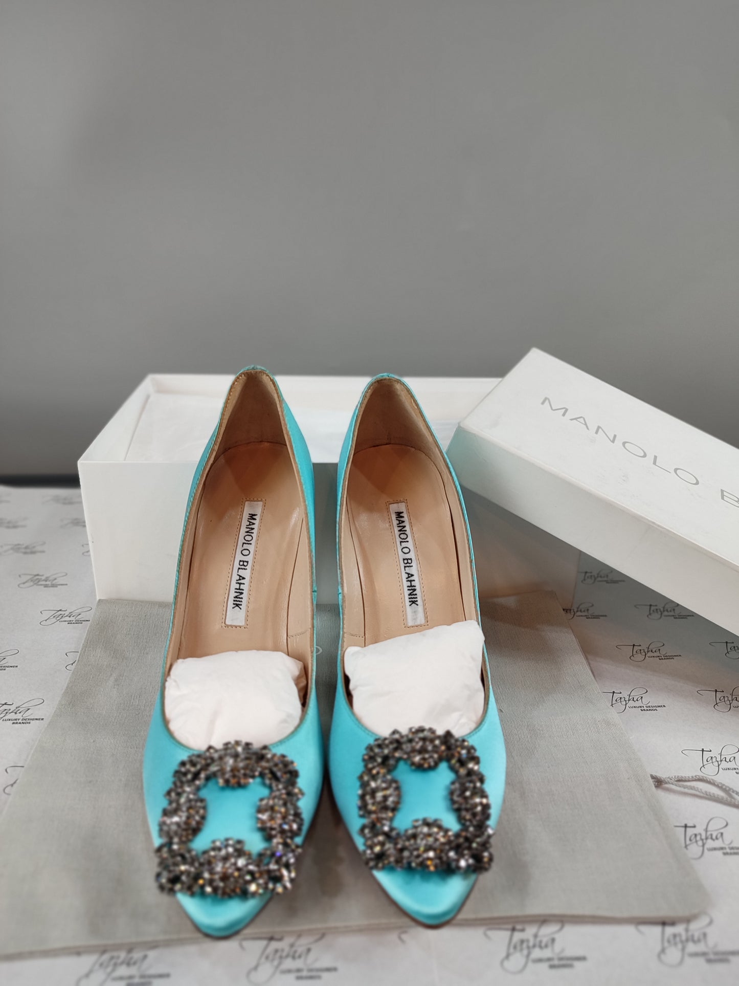 Manolo Blahnik Blue Satin Crystal Buckle Heel Pump