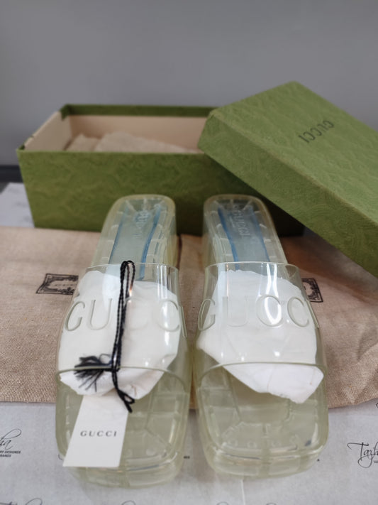 Gucci Transparent Rubber Block Heel Slides