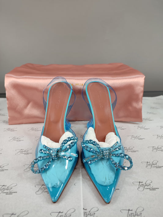 Amina Muaddi Blue Rosie Glass Sling Heels