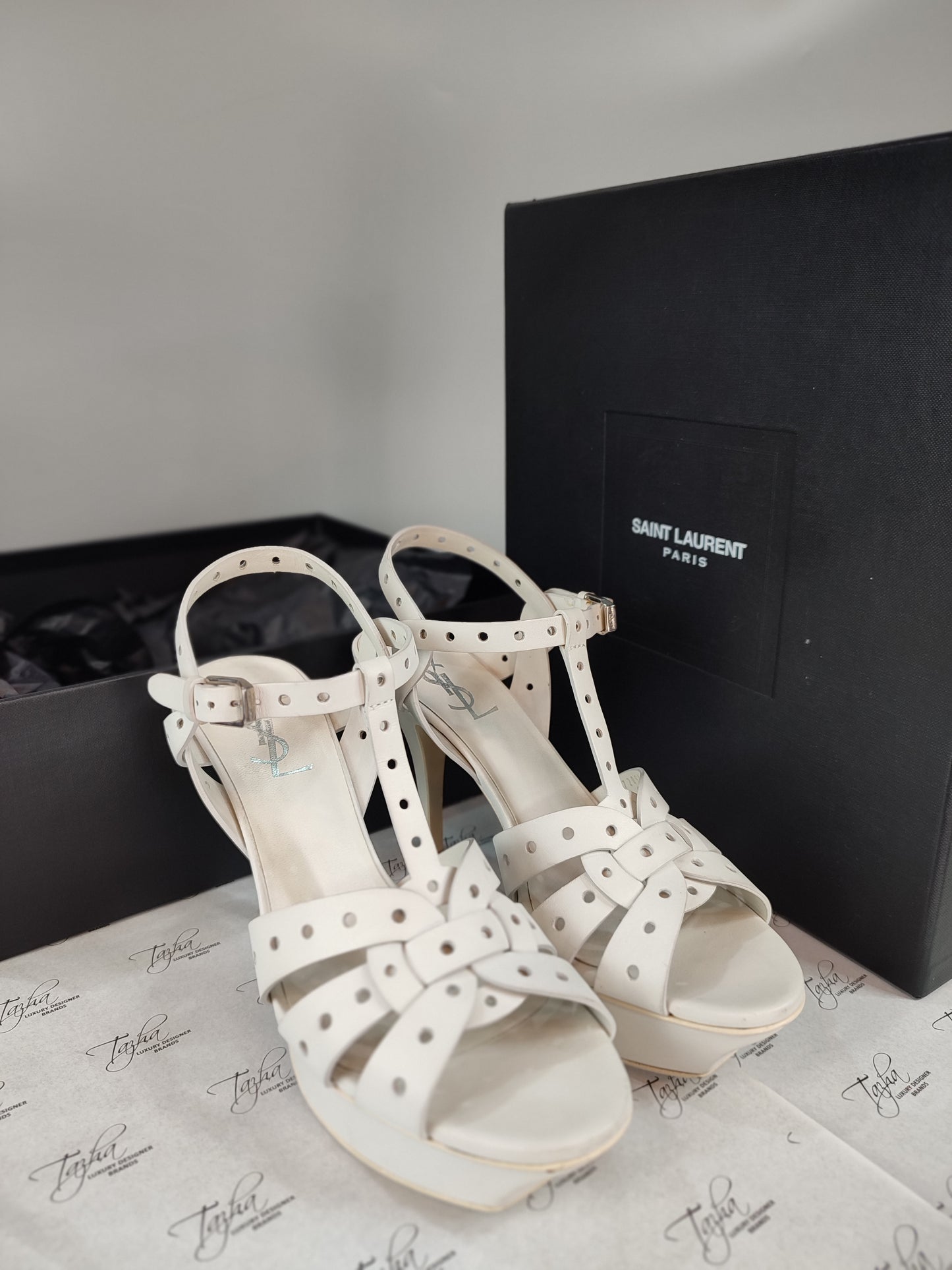 Saint Laurent Paris White Perforated Leather Tribute Platform Ankle Strap