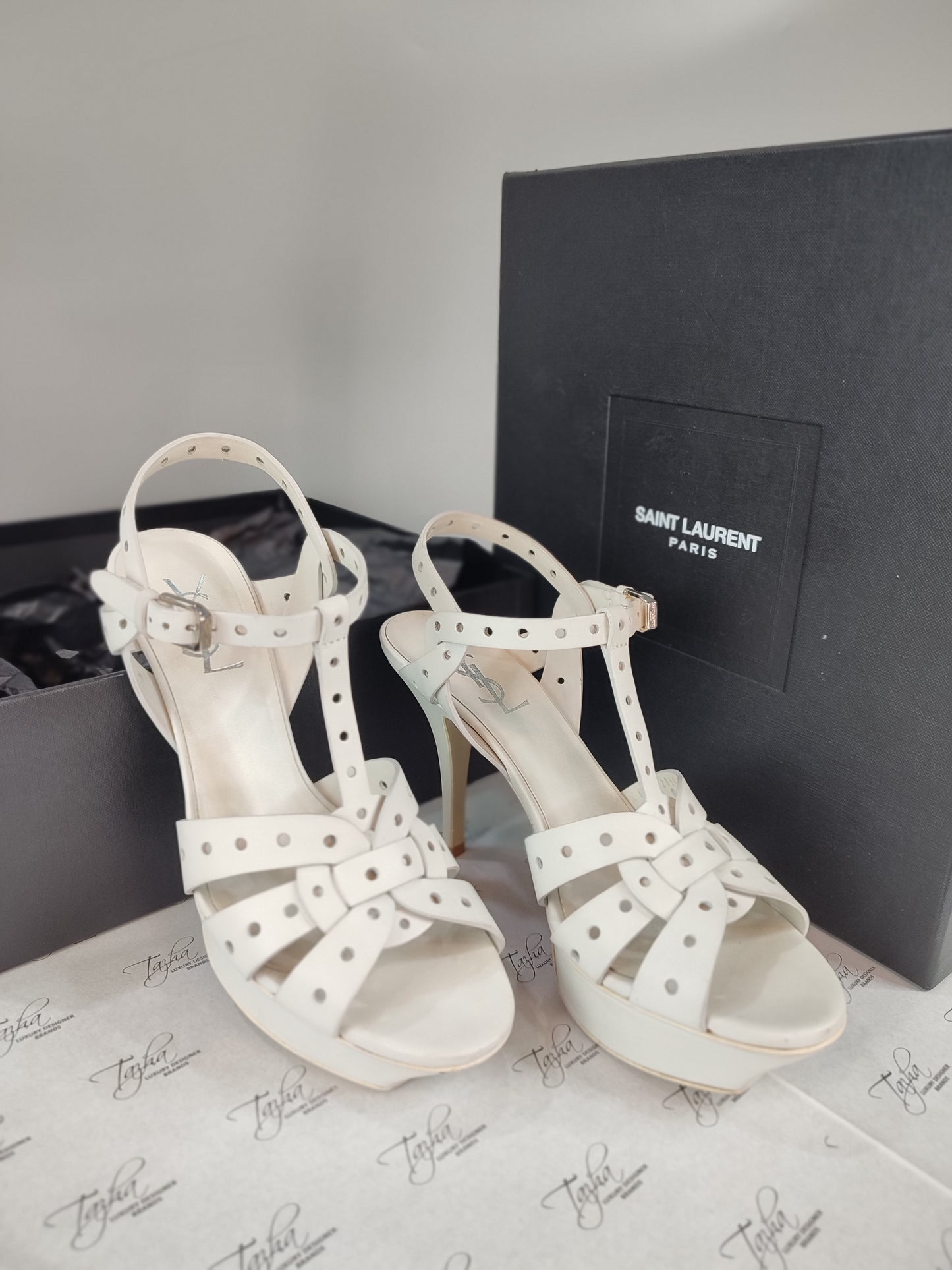 Saint Laurent Paris White Perforated Leather Tribute Platform Ankle Strap