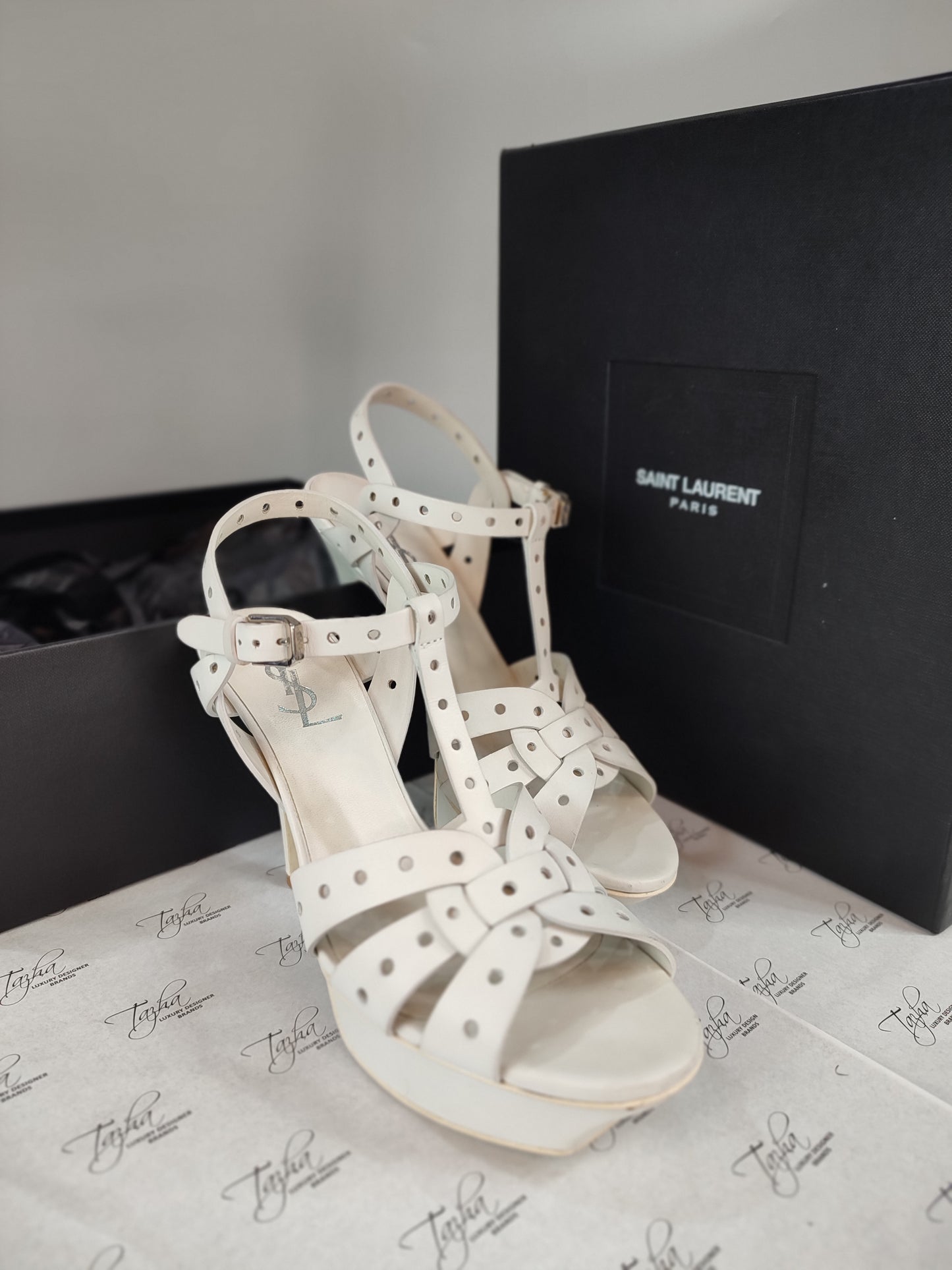 Saint Laurent Paris White Perforated Leather Tribute Platform Ankle Strap