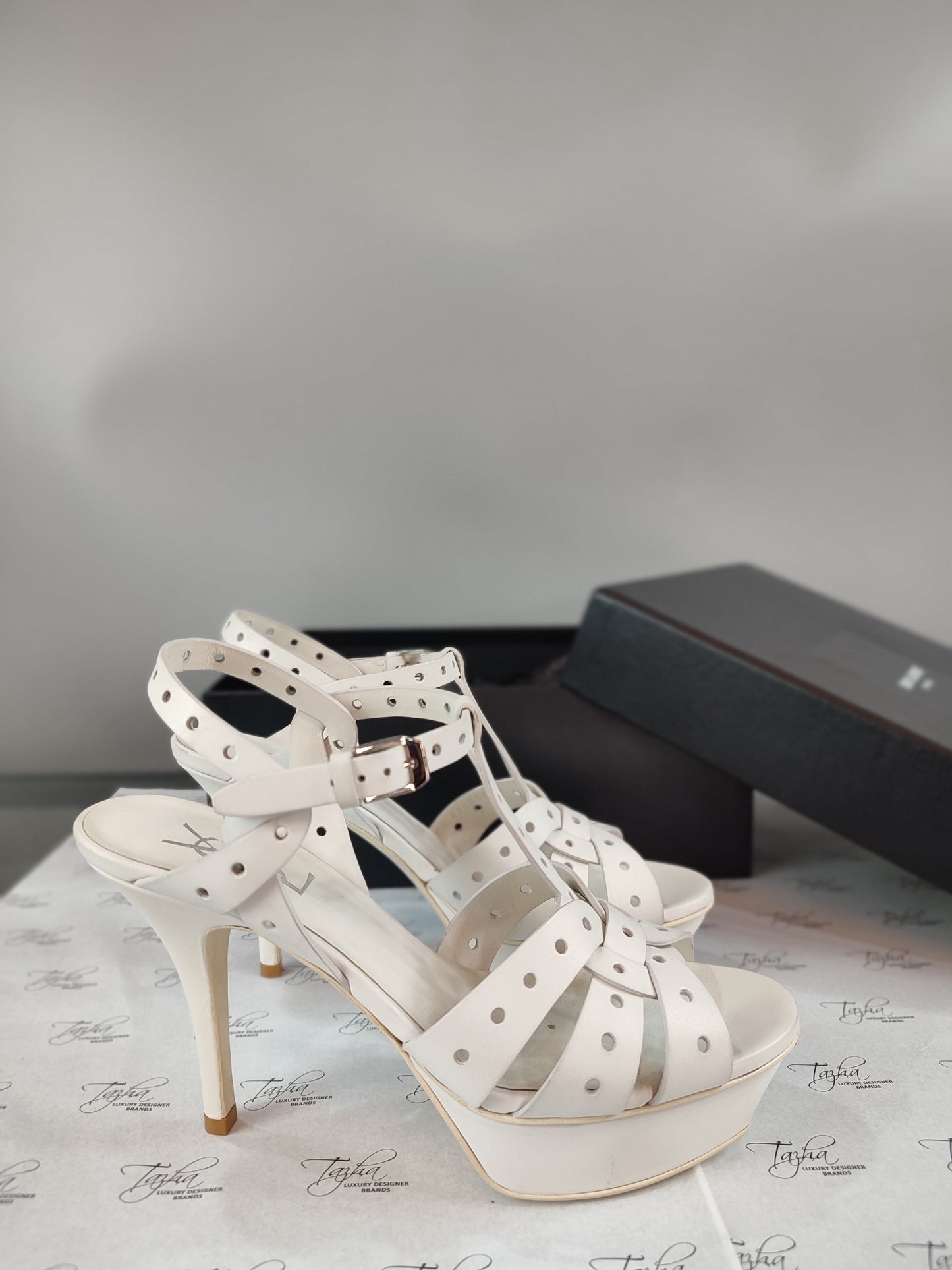 Saint Laurent Paris White Perforated Leather Tribute Platform Ankle Strap