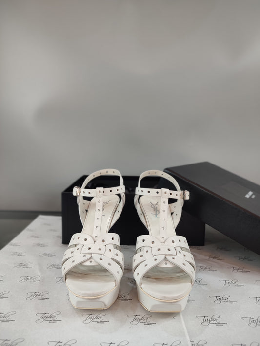 Saint Laurent Paris White Perforated Leather Tribute Platform Ankle Strap