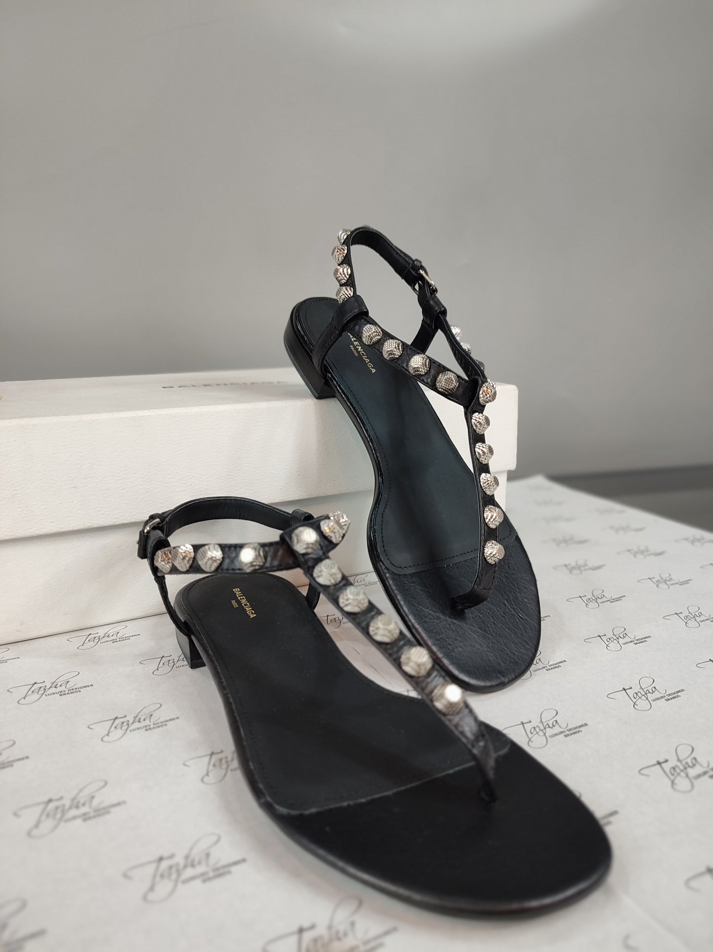 Balenciaga Black Leather Studded Ankle Strap Flat Sandals