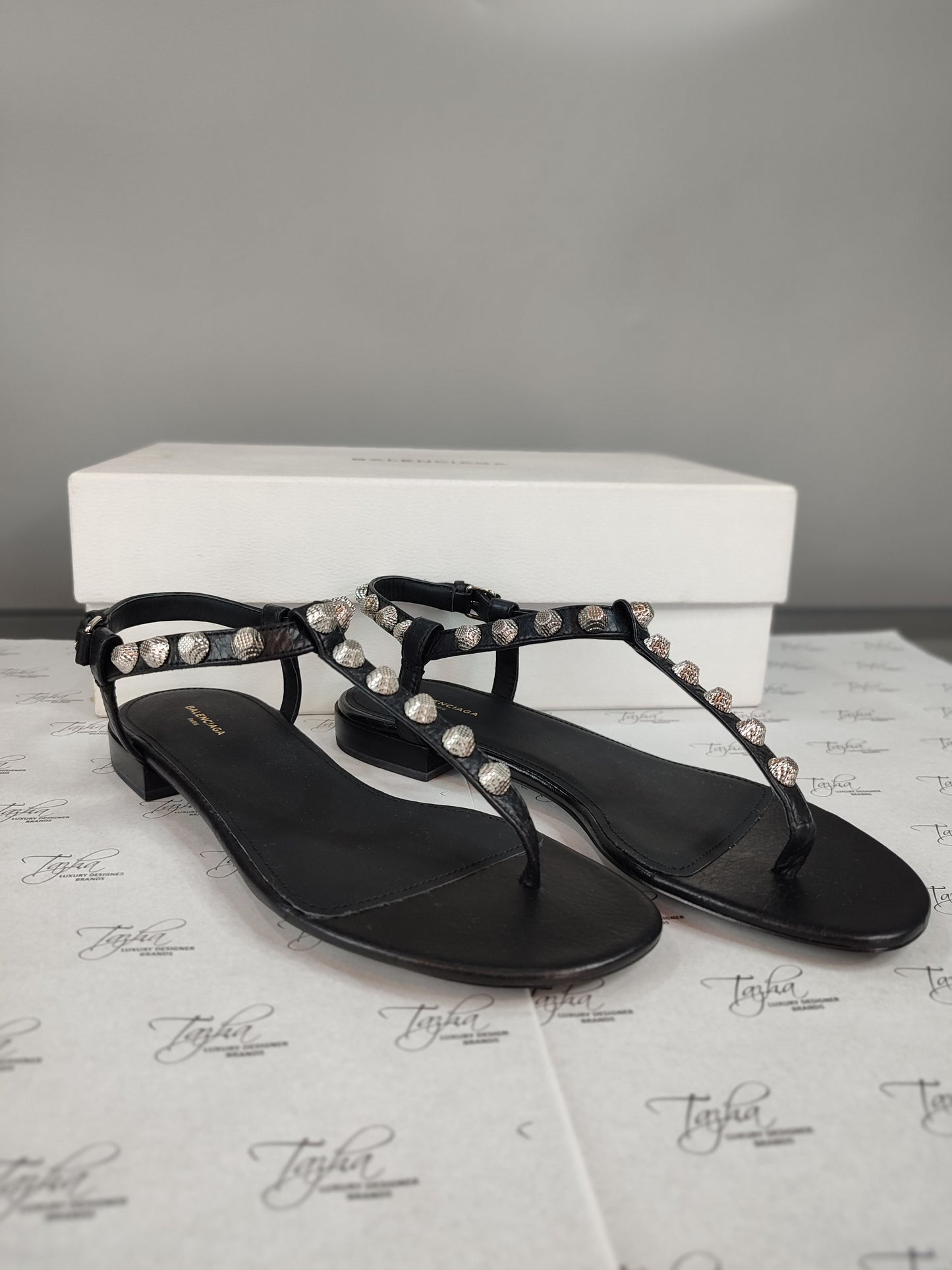 Balenciaga Black Leather Studded Ankle Strap Flat Sandals