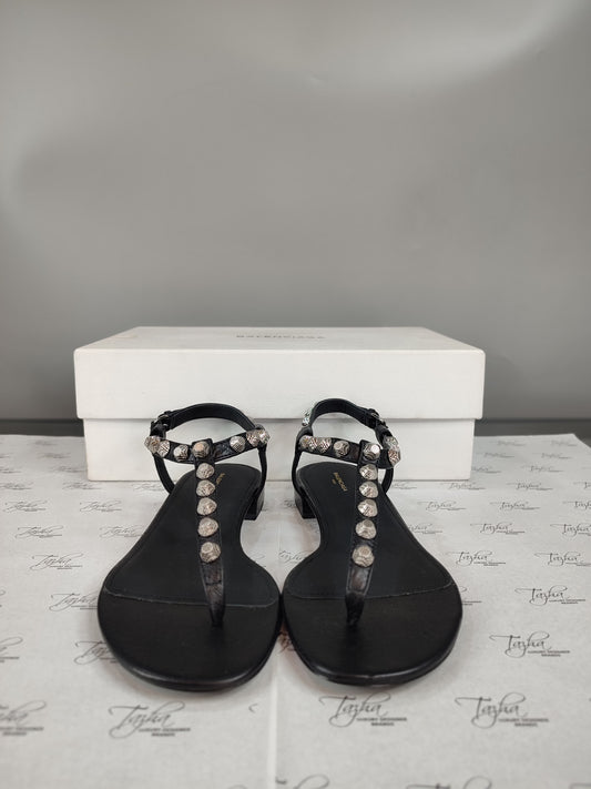 Balenciaga Black Leather Studded Ankle Strap Flat Sandals