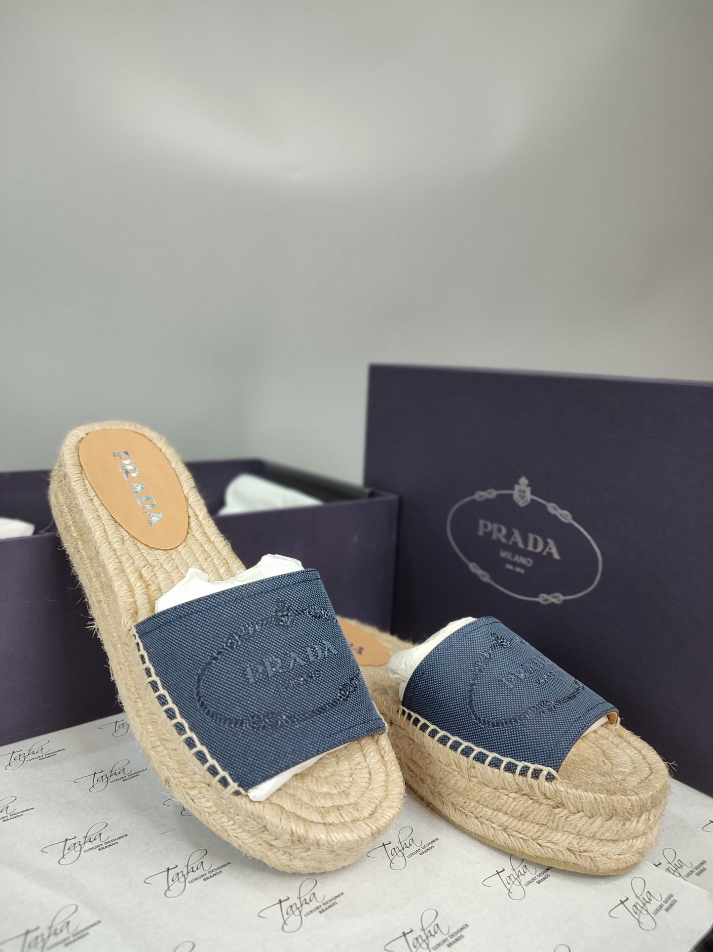 Prada Embroidered Logo Denim Espadrilles