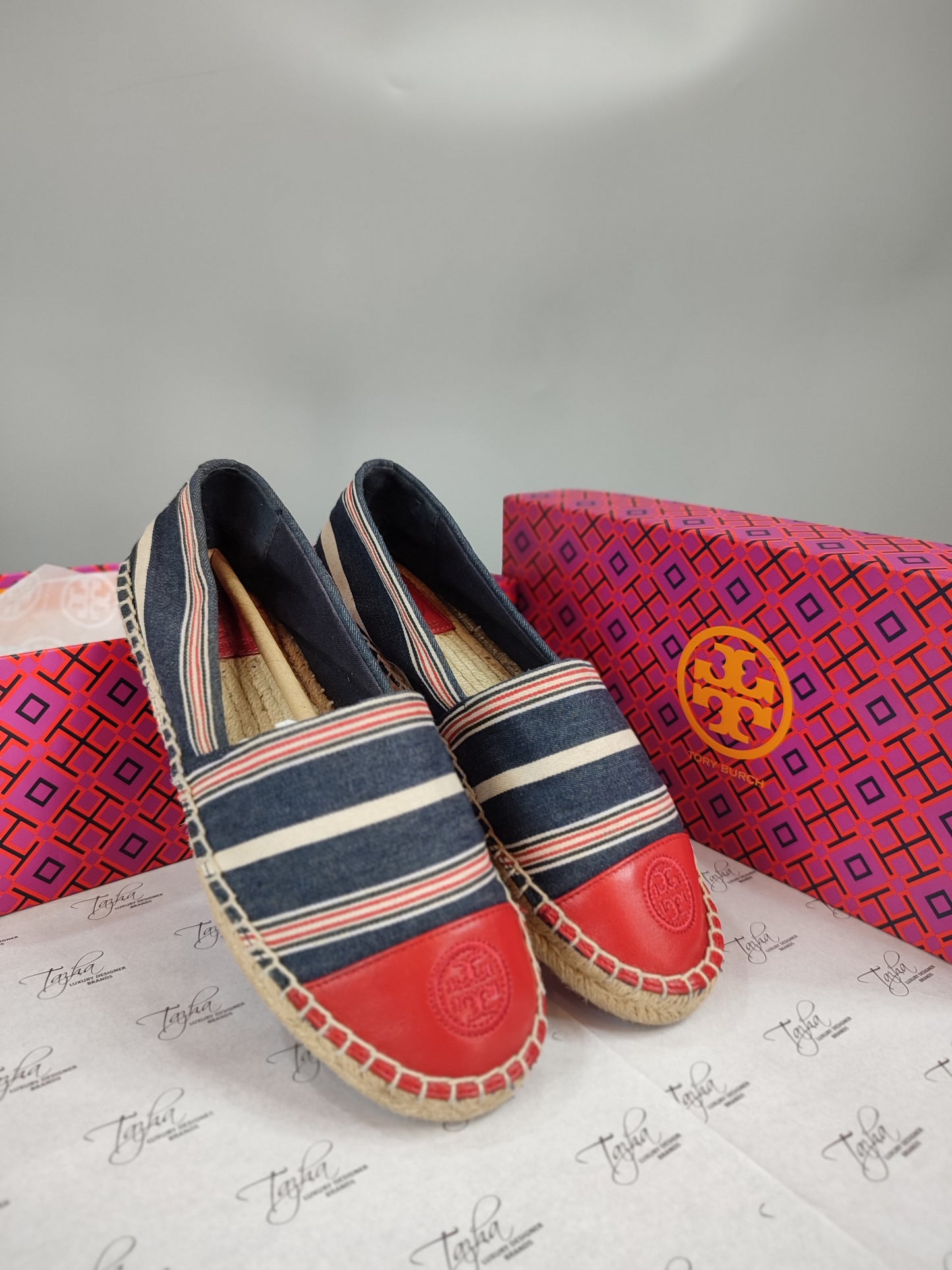 Tory Burch Stripe Cap Toe Leather Espadrilles