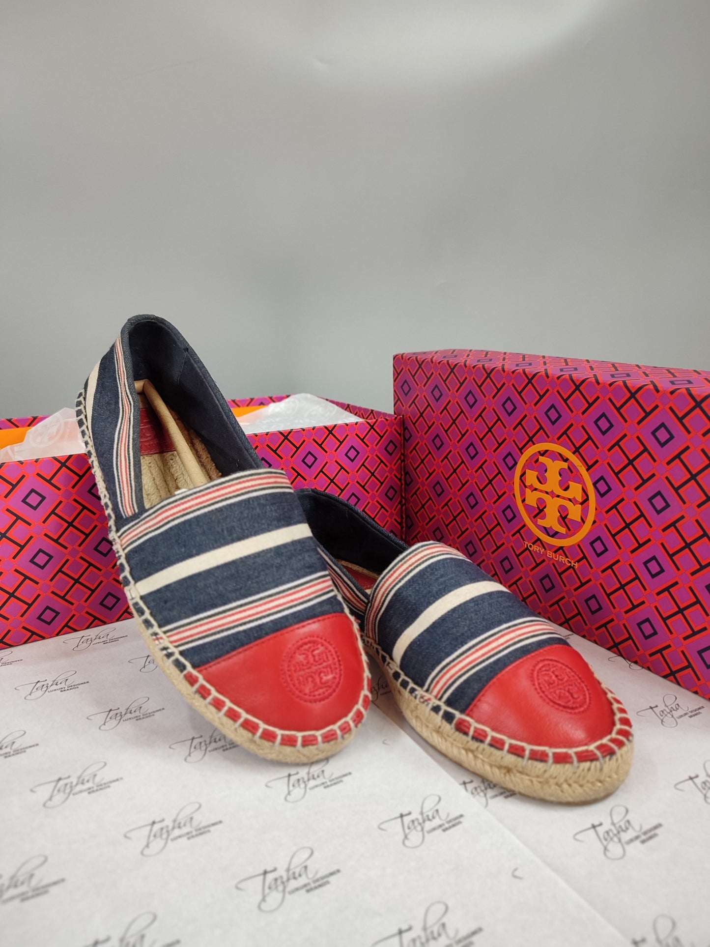 Tory Burch Stripe Cap Toe Leather Espadrilles