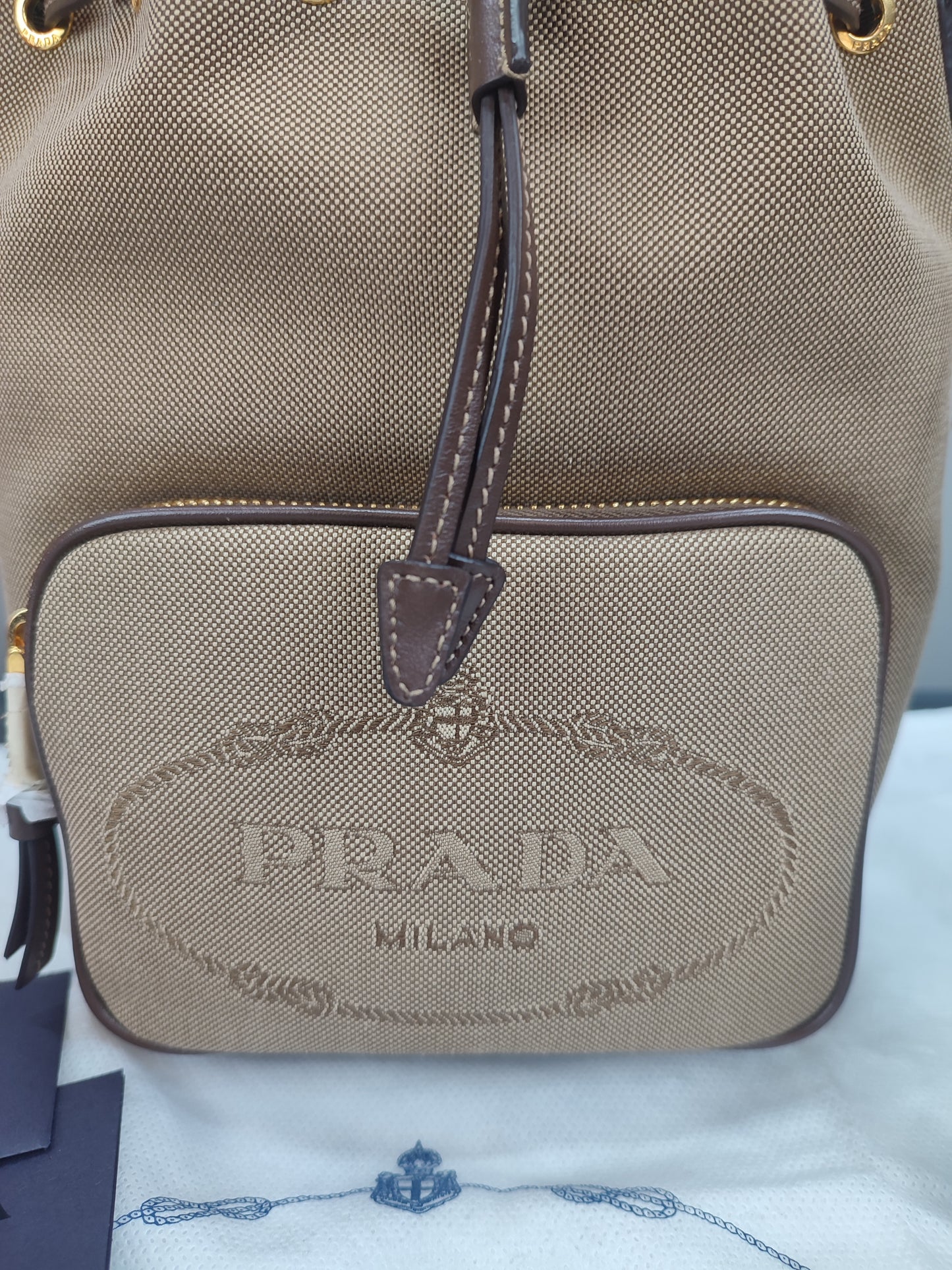 Brown Canvas Jacquard Logo Convertible Small Bucket Bag 1BH038