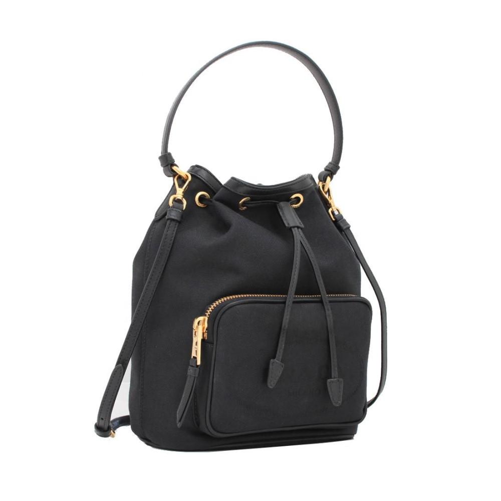 Black Canvas Jacquard Logo Convertible Small Bucket Bag 1BH038