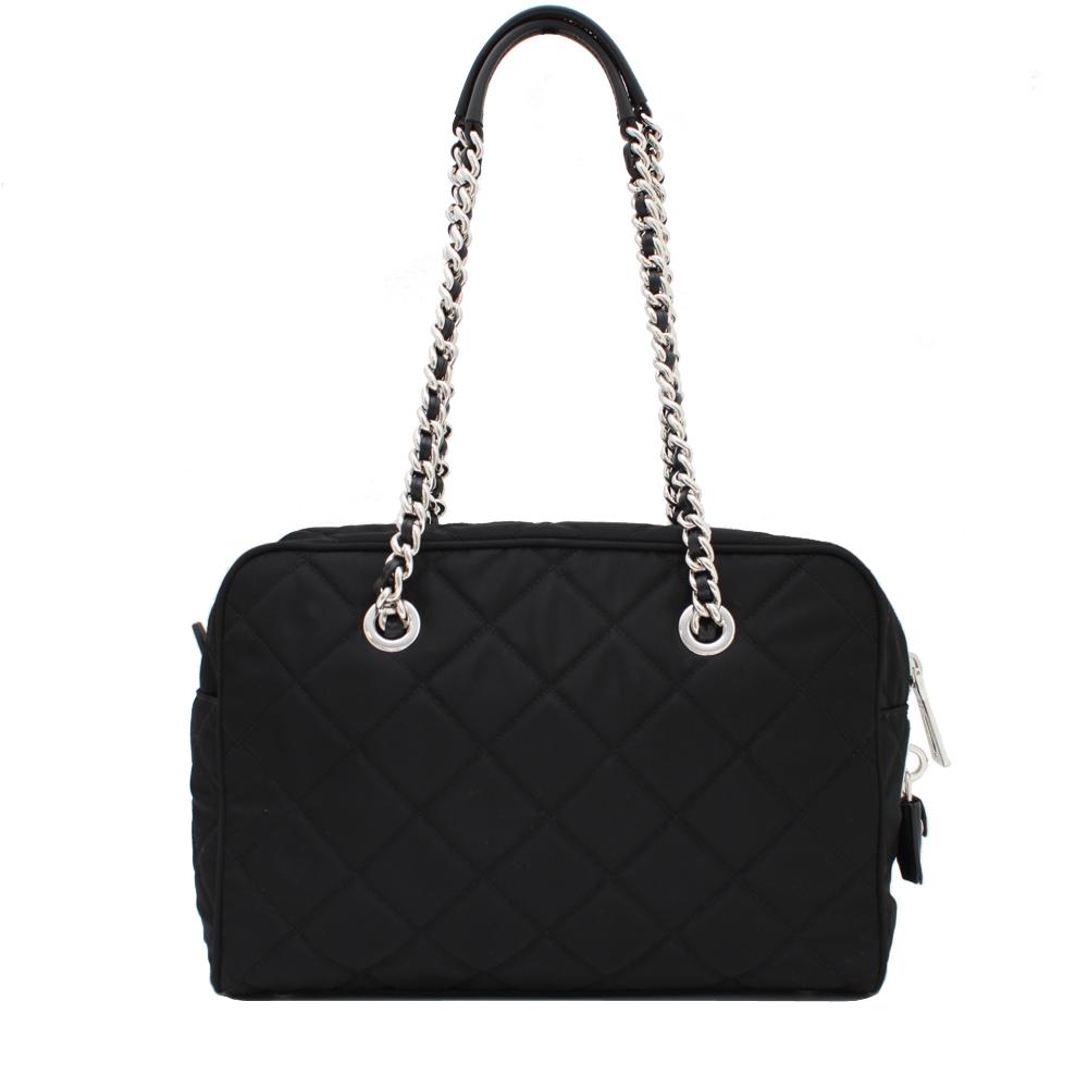 Quilted Tessuto Nylon Shoulder Bag with Chain Accents- Black 1BB903