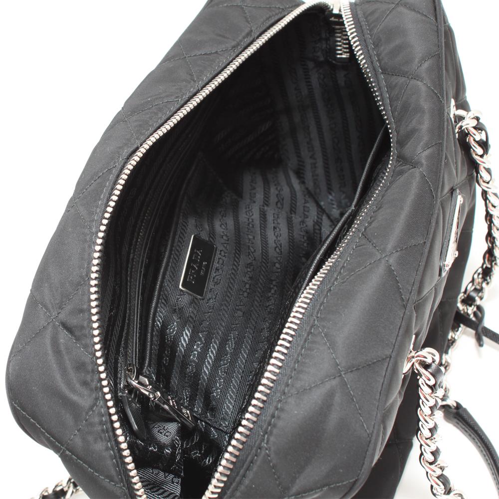 Quilted Tessuto Nylon Shoulder Bag with Chain Accents- Black 1BB903