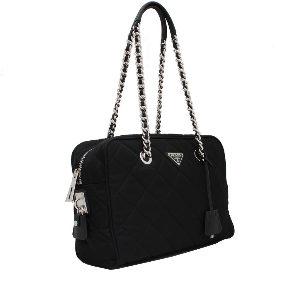 Quilted Tessuto Nylon Shoulder Bag with Chain Accents- Black 1BB903