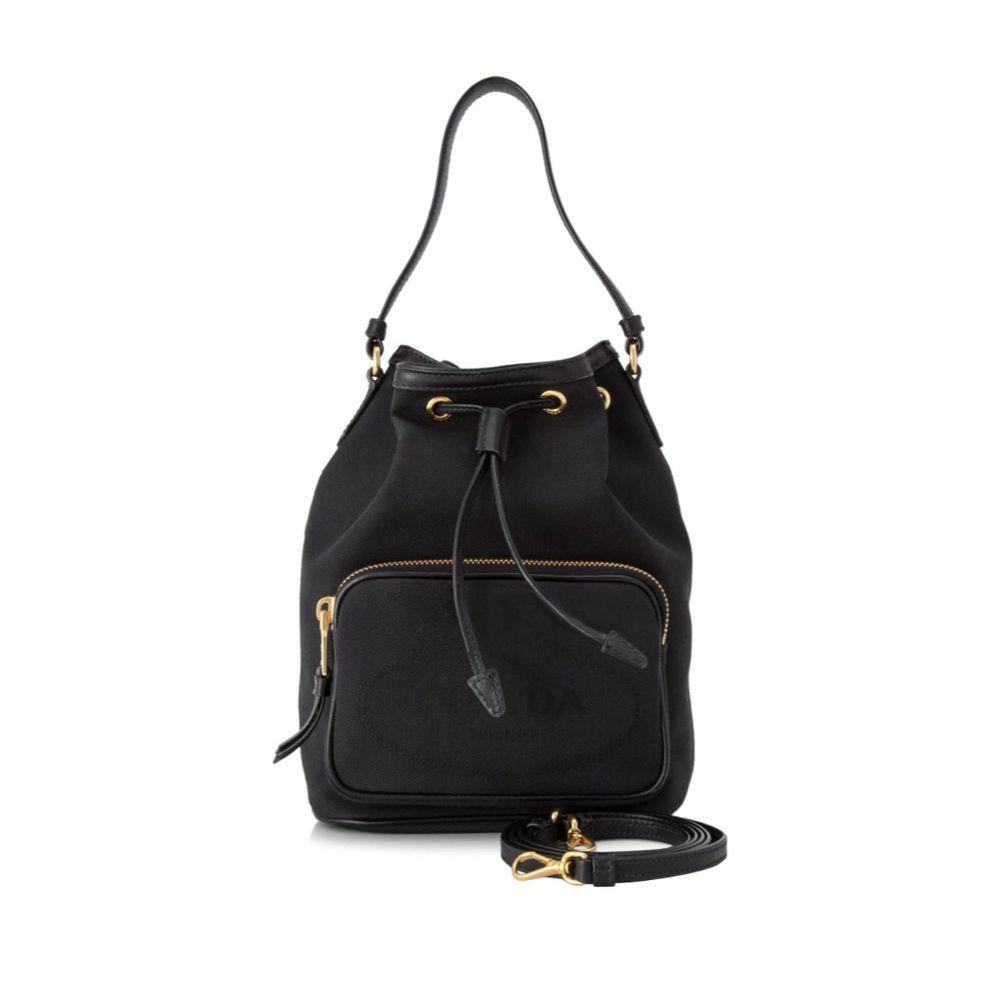 Black Canvas Jacquard Logo Convertible Small Bucket Bag 1BH038